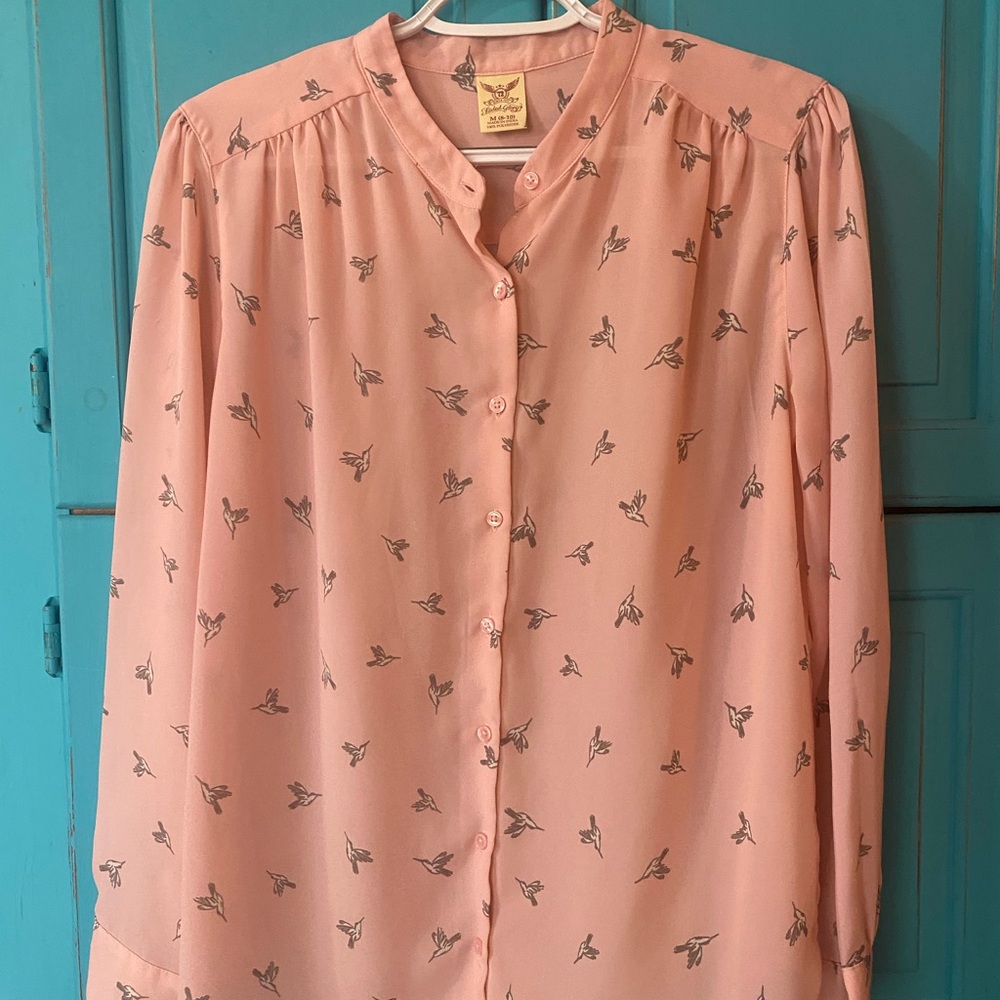 Pink Blouse with Bird Pattern - Lightweight- Balletcore - Girly Moto Collar